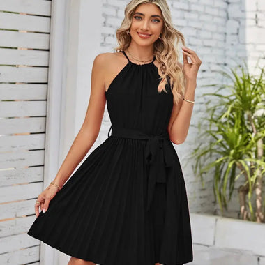 Summer Women Clothing Halter Lace Up Sleeveless Pleated Mini Dress - Quality Home Clothing| Beauty