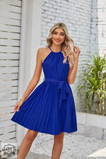 Summer Women Clothing Halter Lace Up Sleeveless Pleated Mini Dress - Quality Home Clothing| Beauty