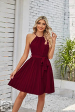 Summer Women Clothing Halter Lace Up Sleeveless Pleated Mini Dress - Quality Home Clothing| Beauty