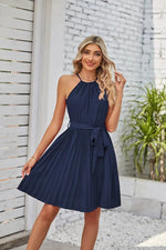 Summer Women Clothing Halter Lace Up Sleeveless Pleated Mini Dress - Quality Home Clothing| Beauty