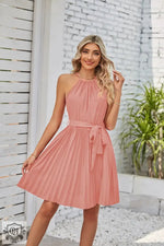 Summer Women Clothing Halter Lace Up Sleeveless Pleated Mini Dress - Quality Home Clothing| Beauty