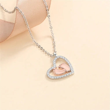 Heart Diamond and Little Feet Pendant Necklace - A Stylish and Meaningful Gift for Mom -  QH Clothing