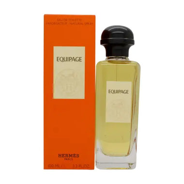 Hermès Equipage Eau de Toilette 100ml Spray bottle and orange retail box displayed