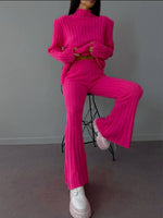 High Neck Ribbing Top & Wide Leg Trousers - Clothing