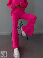 High Neck Ribbing Top & Wide Leg Trousers - Clothing