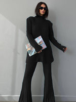 High Neck Ribbing Top & Wide Leg Trousers - S / Black - Clothing