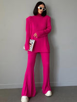 High Neck Ribbing Top & Wide Leg Trousers - S / Rose Red - Clothing