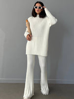 High Neck Ribbing Top & Wide Leg Trousers - S / White - Clothing