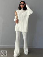 High Neck Ribbing Top & Wide Leg Trousers - S / White - Clothing