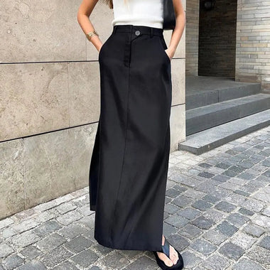 Black Cotton Silk  Women Clothing Autumn Split High Waist Office Drape Skirt Skirt - Quality Home Clothing| Beauty