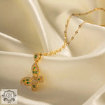 Exquisite 18K Gold Hollow Butterfly Pendant Necklace - Dazzling White Green Zircon -  QH Clothing