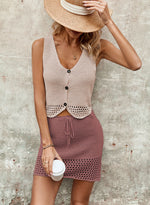 Hollow Out Buttoned Top & Skirt Set - Clothing