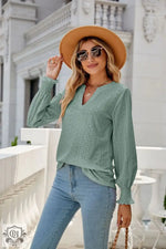 Solid Color Hollow Out Pleated Ruffle Sleeve V neck Loose Long Sleeve Top - Quality Home Clothing| Beauty