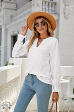 Solid Color Hollow Out Pleated Ruffle Sleeve V neck Loose Long Sleeve Top - Quality Home Clothing| Beauty