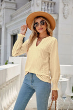 Solid Color Hollow Out Pleated Ruffle Sleeve V neck Loose Long Sleeve Top - Quality Home Clothing| Beauty