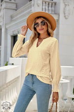 Solid Color Hollow Out Pleated Ruffle Sleeve V neck Loose Long Sleeve Top - Quality Home Clothing| Beauty