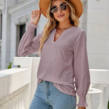 Solid Color Hollow Out Pleated Ruffle Sleeve V neck Loose Long Sleeve Top - Quality Home Clothing| Beauty