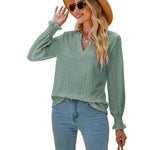 Solid Color Hollow Out Pleated Ruffle Sleeve V neck Loose Long Sleeve Top - Quality Home Clothing| Beauty