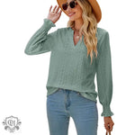 Solid Color Hollow Out Pleated Ruffle Sleeve V neck Loose Long Sleeve Top - Quality Home Clothing| Beauty