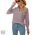 Solid Color Hollow Out Pleated Ruffle Sleeve V neck Loose Long Sleeve Top - Quality Home Clothing| Beauty