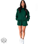 Hooded Long Sleeve Sweater & Shorts - S / Blackish Green - Clothing