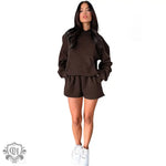 Hooded Long Sleeve Sweater & Shorts - S / Coffee - Clothing