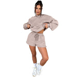 Hooded Long Sleeve Sweater & Shorts - S / Khaki - Clothing