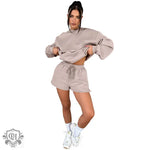 Hooded Long Sleeve Sweater & Shorts - S / Khaki - Clothing