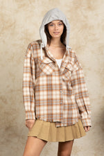 Hooded Plaid Shacket with Large Pocket - QH Clothing