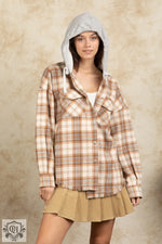 Hooded Plaid Shacket with Large Pocket - QH Clothing