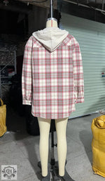 Hooded Plaid Shacket with Large Pocket - QH Clothing