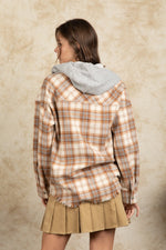 Hooded Plaid Shacket with Large Pocket - QH Clothing