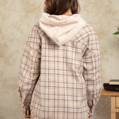 Hooded Plaid Shacket with Large Pocket - QH Clothing