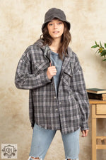 Hooded Plaid Shacket with Large Pocket - QH Clothing