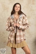 Hooded Plaid Shacket with Large Pocket - QH Clothing