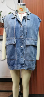 Hooded Sleeveless Denim Vest - Clothing