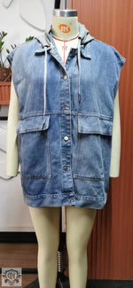 Hooded Sleeveless Denim Vest - Clothing