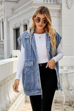 Hooded Sleeveless Denim Vest - Clothing