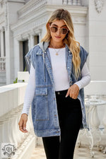 Hooded Sleeveless Denim Vest - Clothing