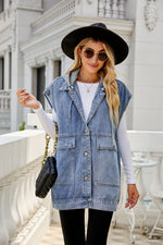 Hooded Sleeveless Denim Vest - Clothing