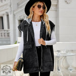 Hooded Sleeveless Denim Vest - Clothing