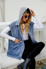 Hooded Sleeveless Denim Vest - Clothing