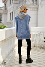 Hooded Sleeveless Denim Vest - Clothing