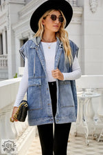 Hooded Sleeveless Denim Vest - Clothing