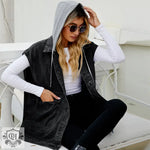 Hooded Sleeveless Denim Vest - S / Black - Clothing