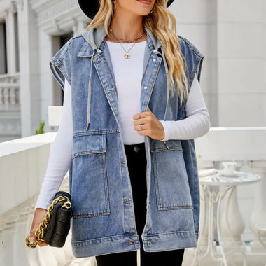 Hooded Sleeveless Denim Vest - Clothing