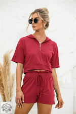 Hooded Zipper Shorts Set - S / Burgundy - Clothing