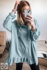 Iceland Blue Solid Ruffled Hem Loose Fit Tunic Hoodie - Tops/Sweatshirts & Hoodies