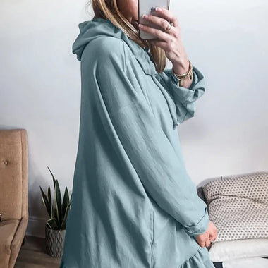 Iceland Blue Solid Ruffled Hem Loose Fit Tunic Hoodie - Tops/Sweatshirts & Hoodies