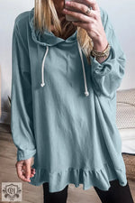 Iceland Blue Solid Ruffled Hem Loose Fit Tunic Hoodie - Iceland Blue / S / 75% Polyester + 20% Cotton + 5% Elastane